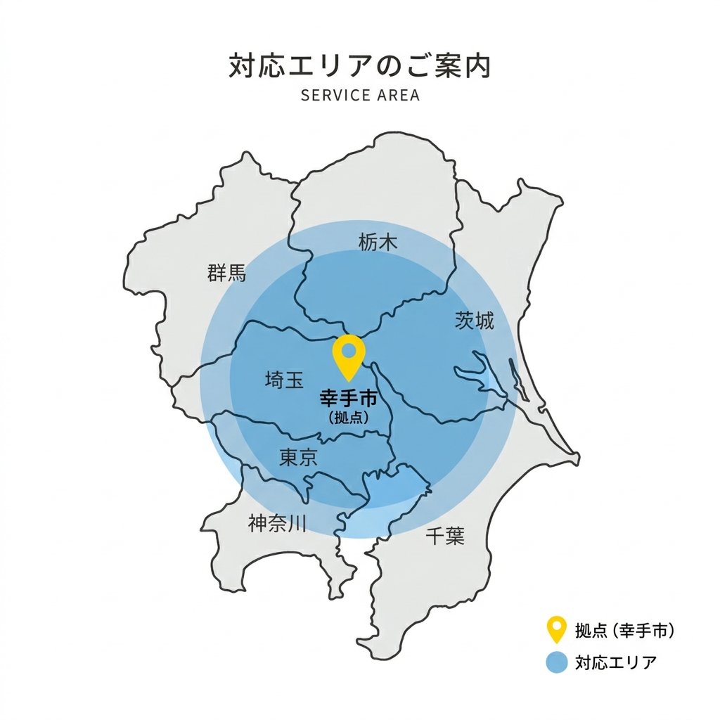 対応エリア図 — 埼玉県幸手市を拠点とした関東広域サービスエリア